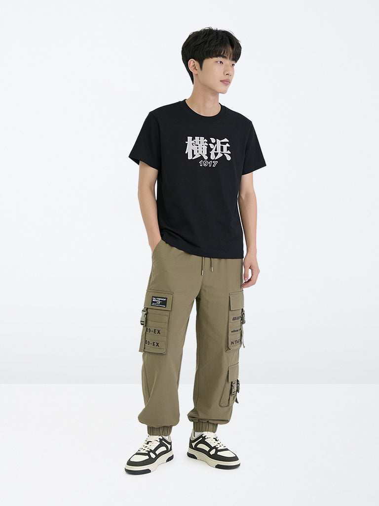 Boys Dark Olive Text-Detail Mid-Rise Cargo-Style Joggers
