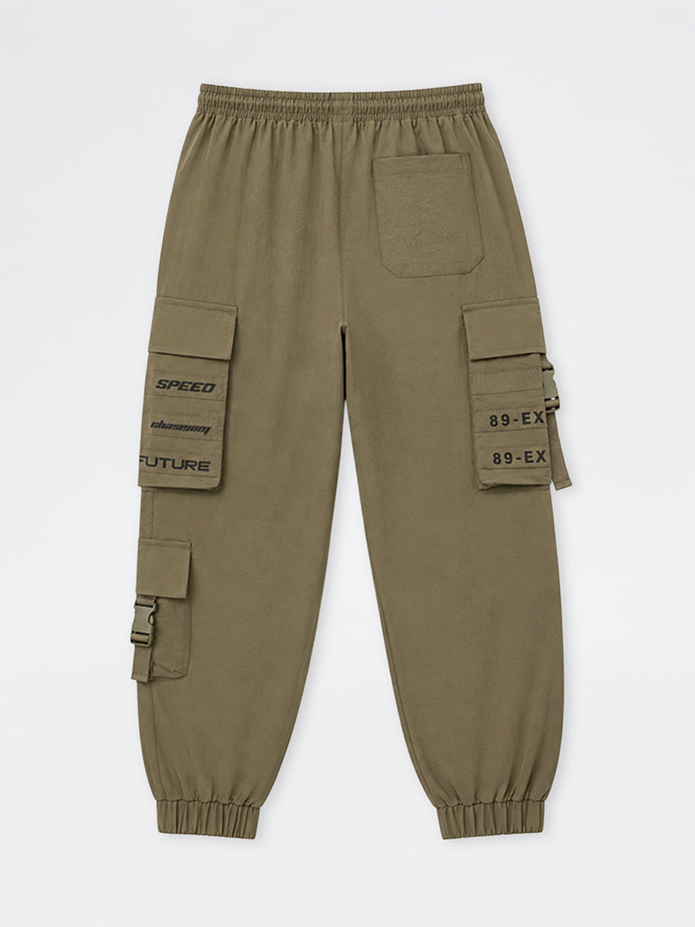 Boys Dark Olive Text-Detail Mid-Rise Cargo-Style Joggers