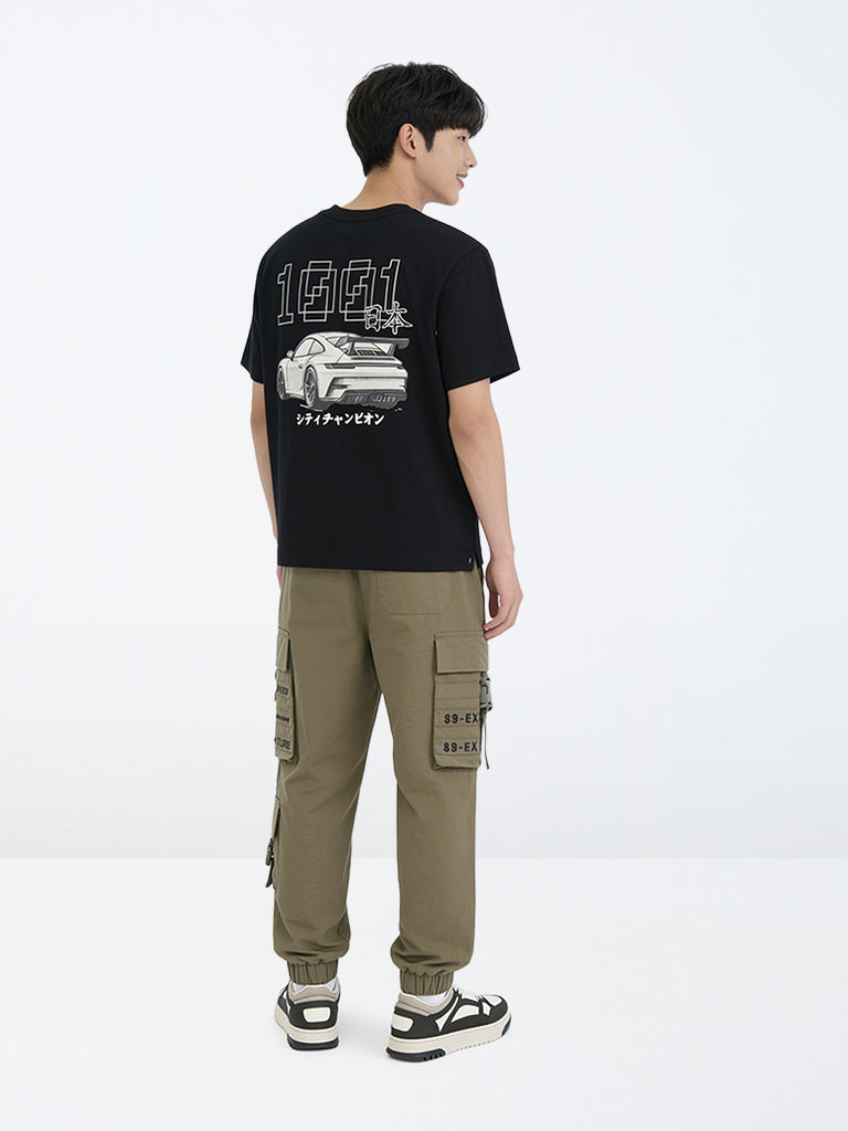 Boys Dark Olive Text-Detail Mid-Rise Cargo-Style Joggers