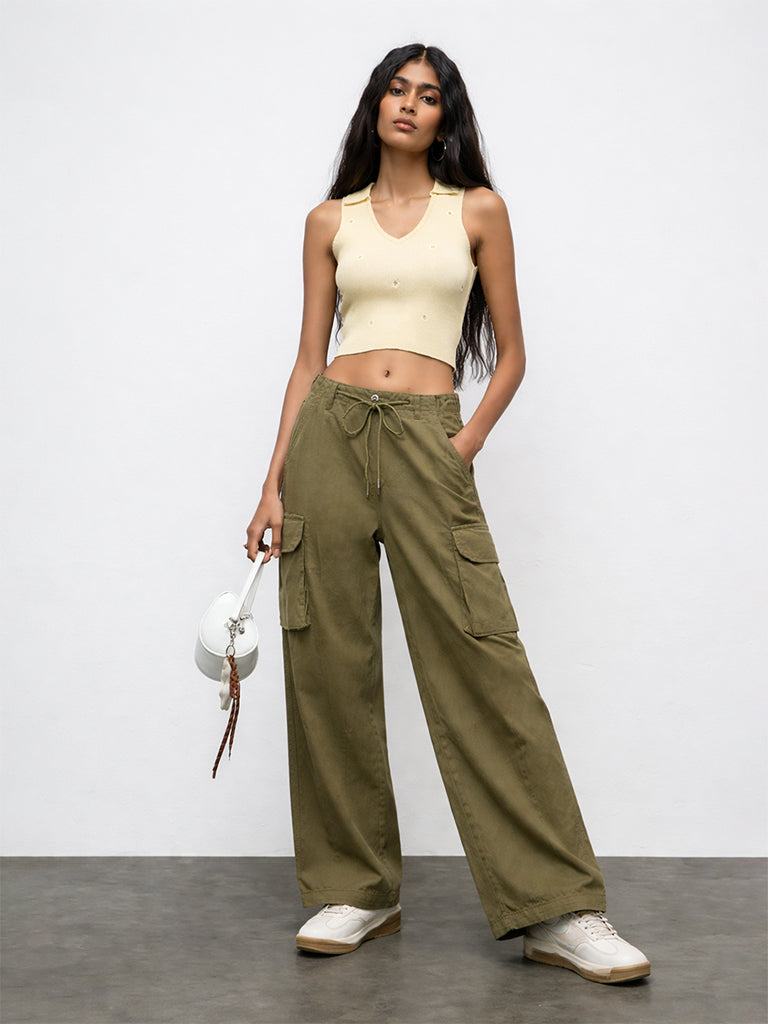 Nuon Olive Barrel-Fit High-Rise Cotton-Blend Trousers