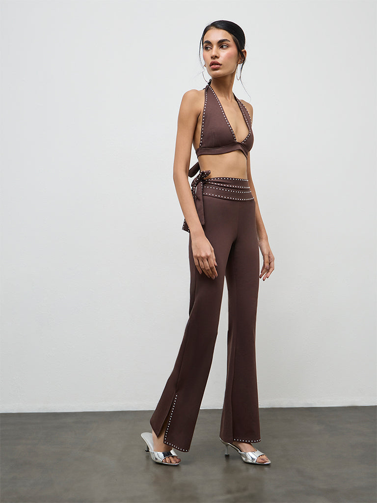 Nuon Brown Stud-Detailed High-Rise Trousers