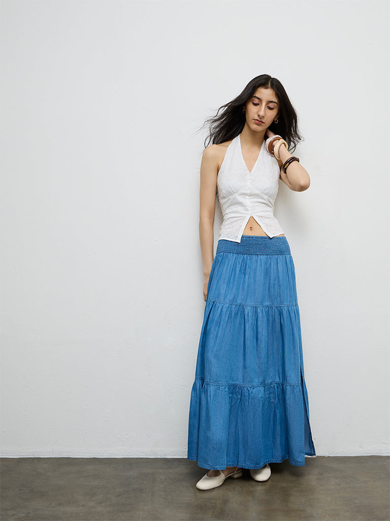Nuon Blue Tiered High-Rise Denim Skirt