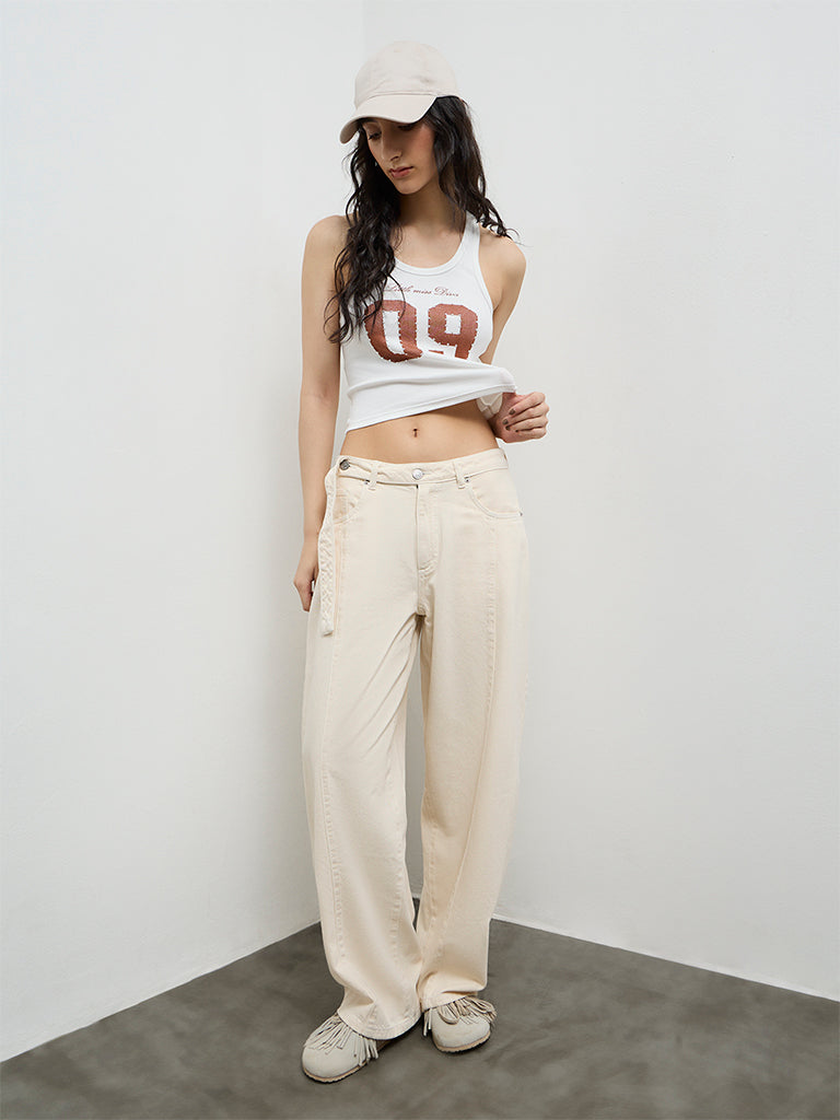 Nuon White Printed Cotton-Blend Top