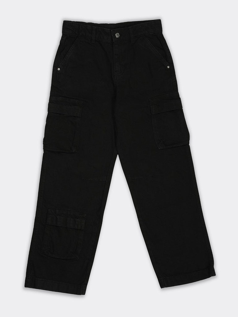 Boys Black Multi-Pocket Cargo Relaxed Fit Jeans