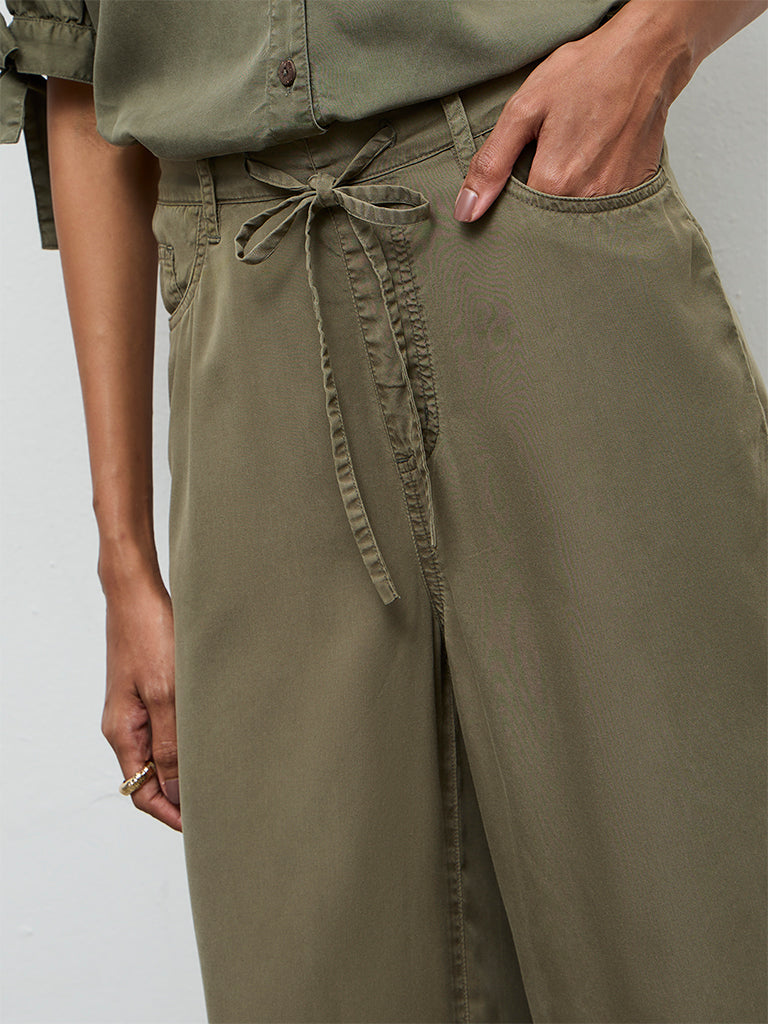 LOV Olive Solid Knot-Detailed High-Rise Denim Trousers