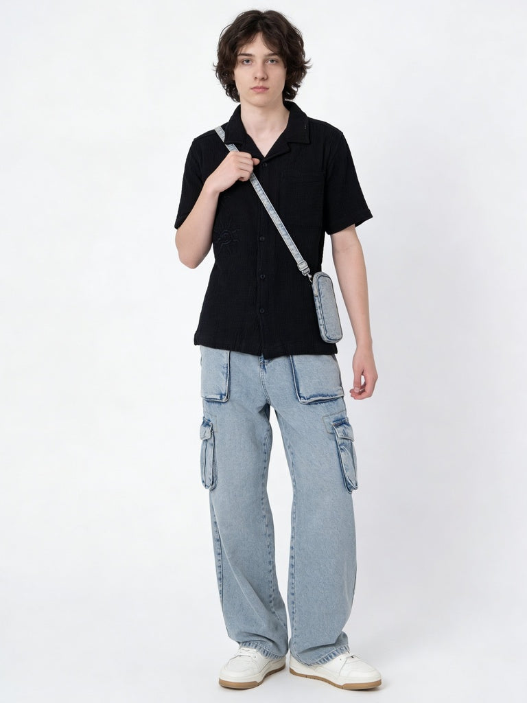 Boys Blue Cargo Pocket Wide Leg Jeans