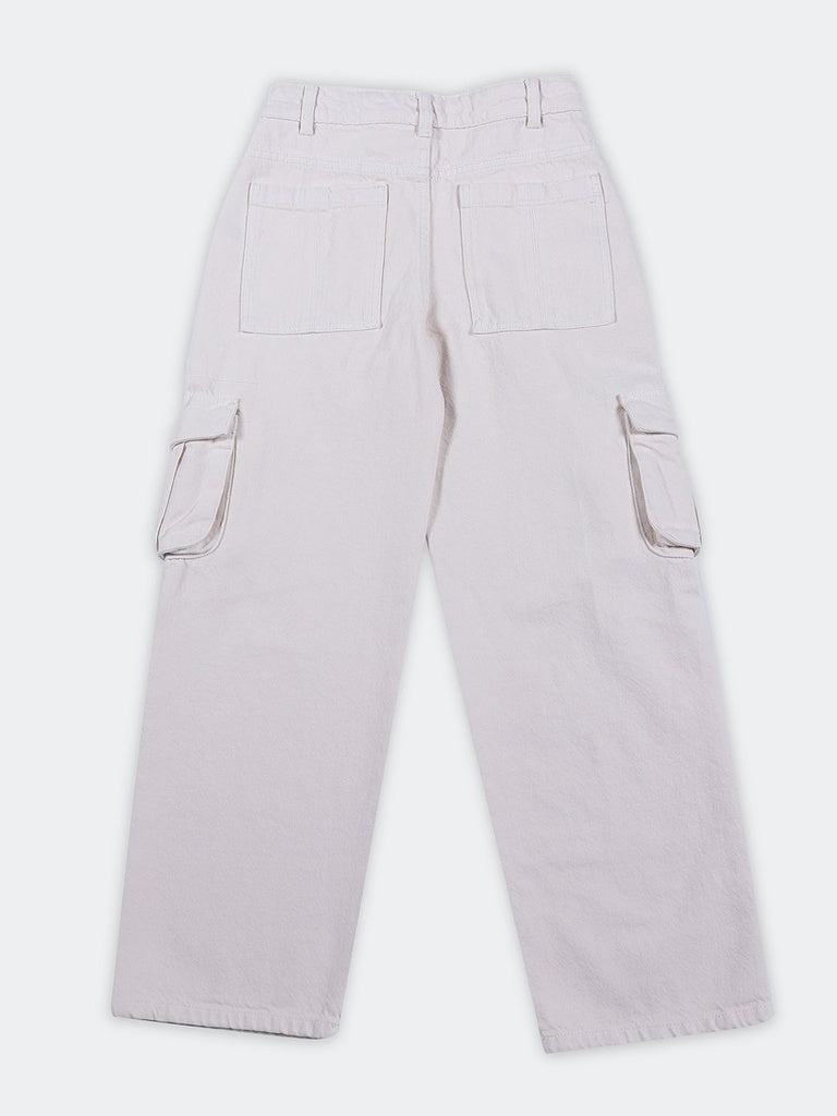 Boys Stone Cargo Pocket Wide-Leg Jeans