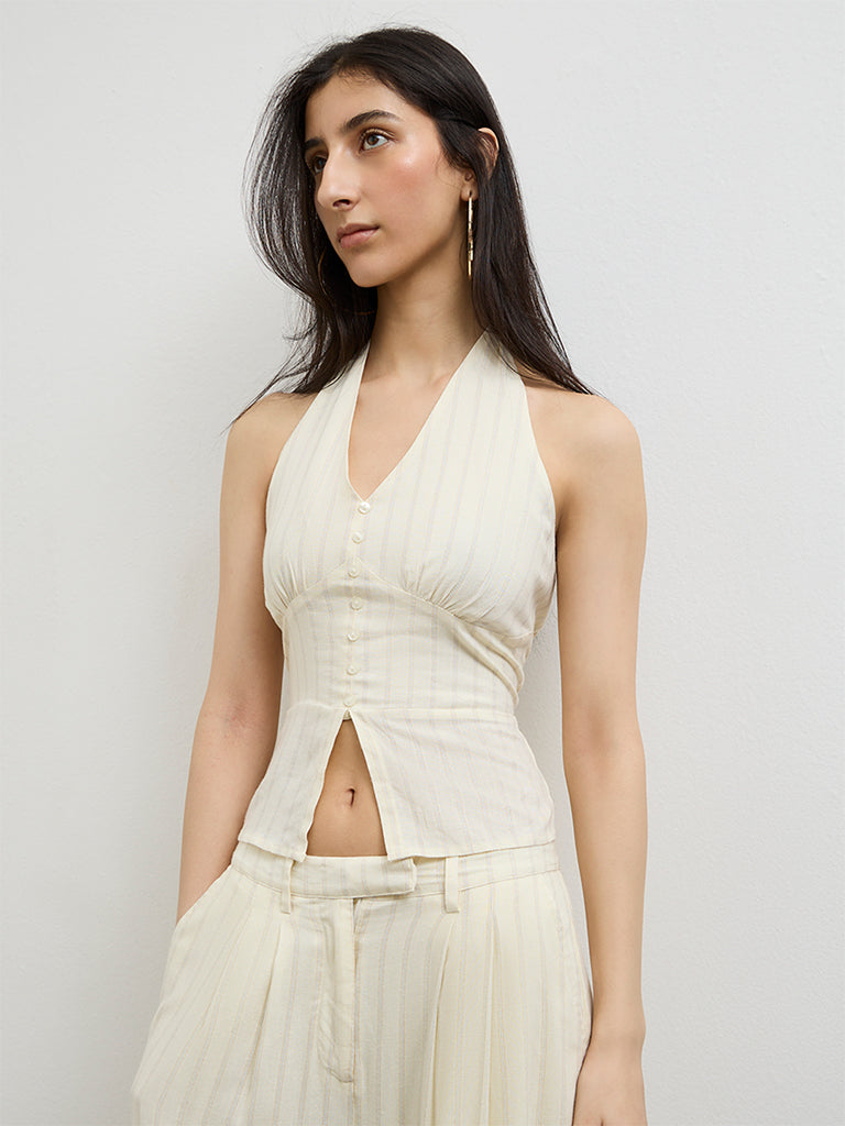 Nuon Light Yellow Striped Halter-Neck Linen Top