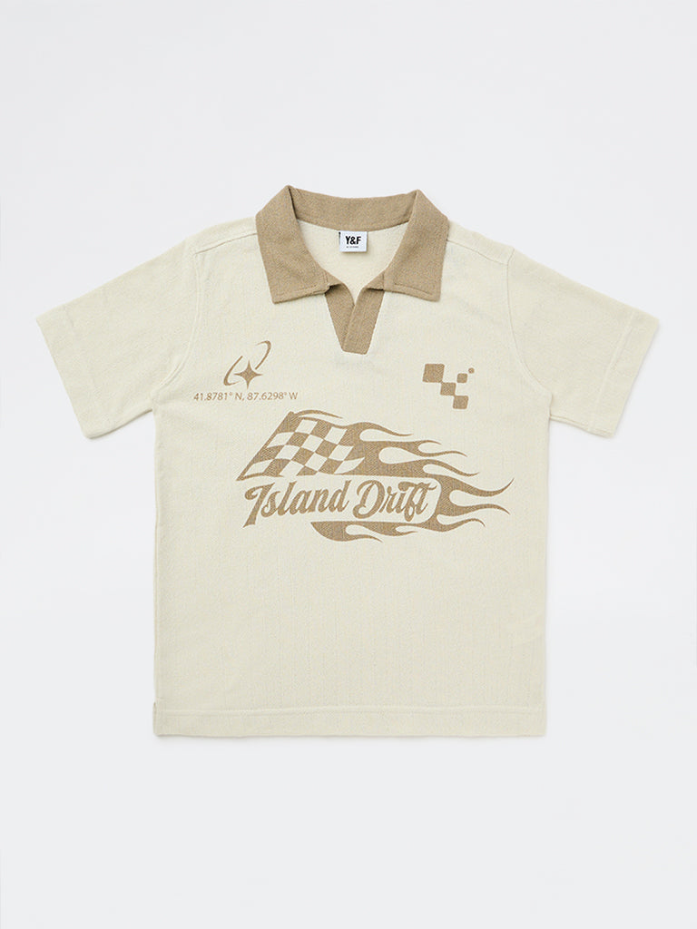 Y&F Kids Boys Beige Graphic Printed T-Shirt