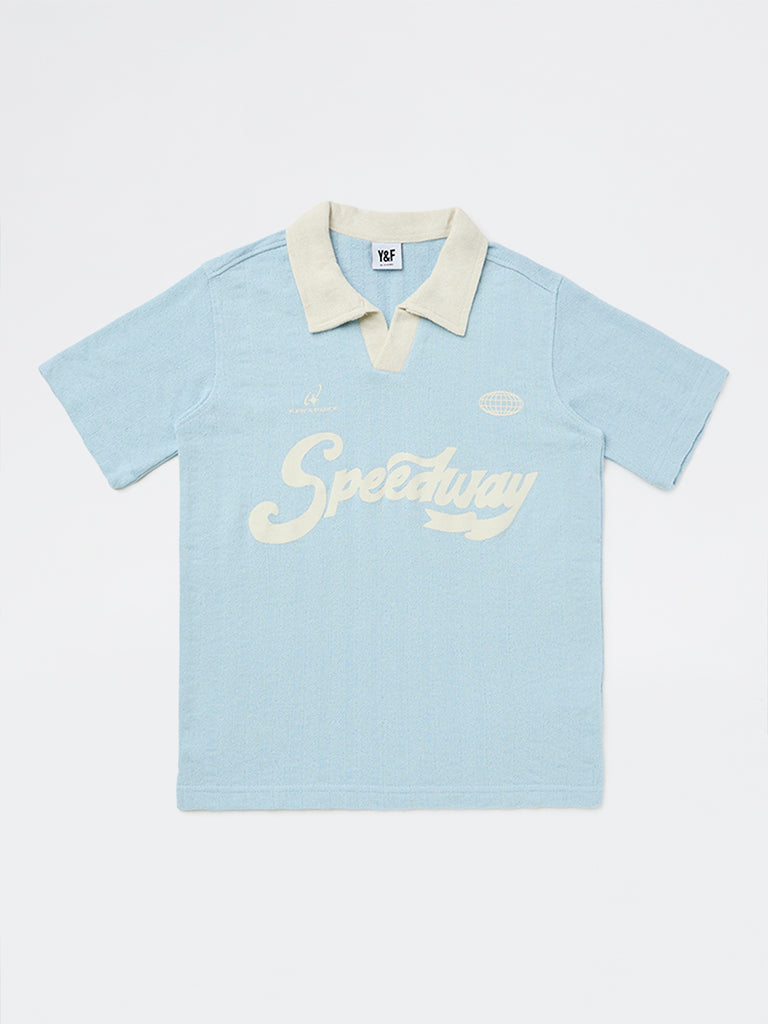 Y&F Kids Boys Light Blue Text-Printed Cotton-Blend T-Shirt