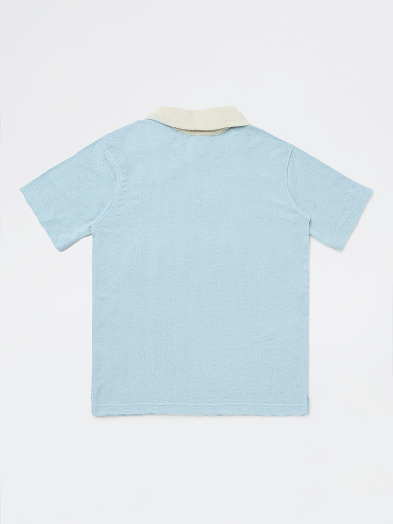 Y&F Kids Boys Light Blue Text-Printed Cotton-Blend T-Shirt