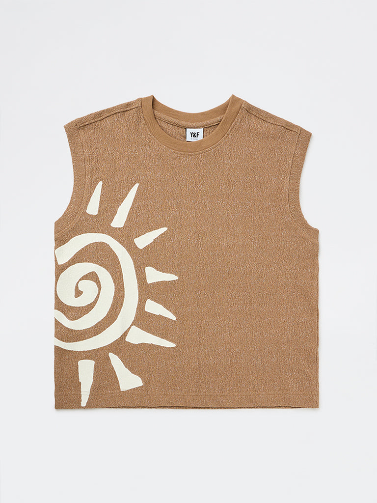 Y&F Kids Boys Brown Printed Cotton-Blend T-Shirt