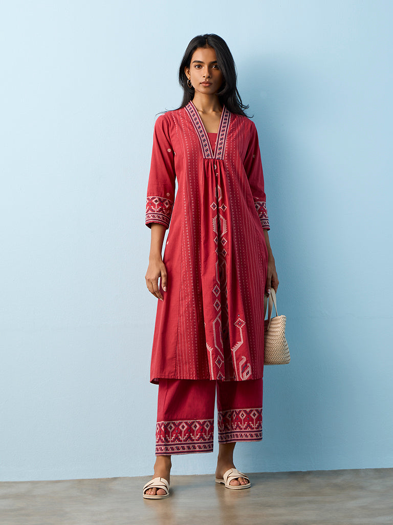Utsa Red Aztec Embroidered Cotton A-Line Kurta