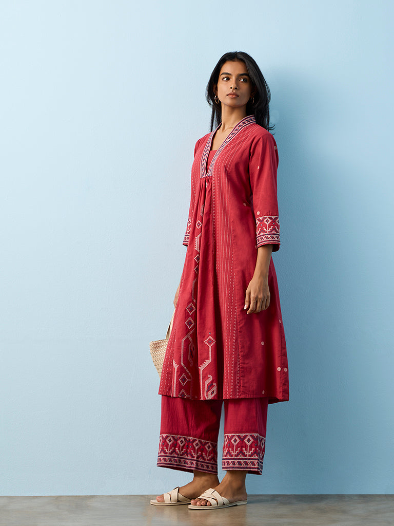 Utsa Red Aztec Embroidered Cotton A-Line Kurta