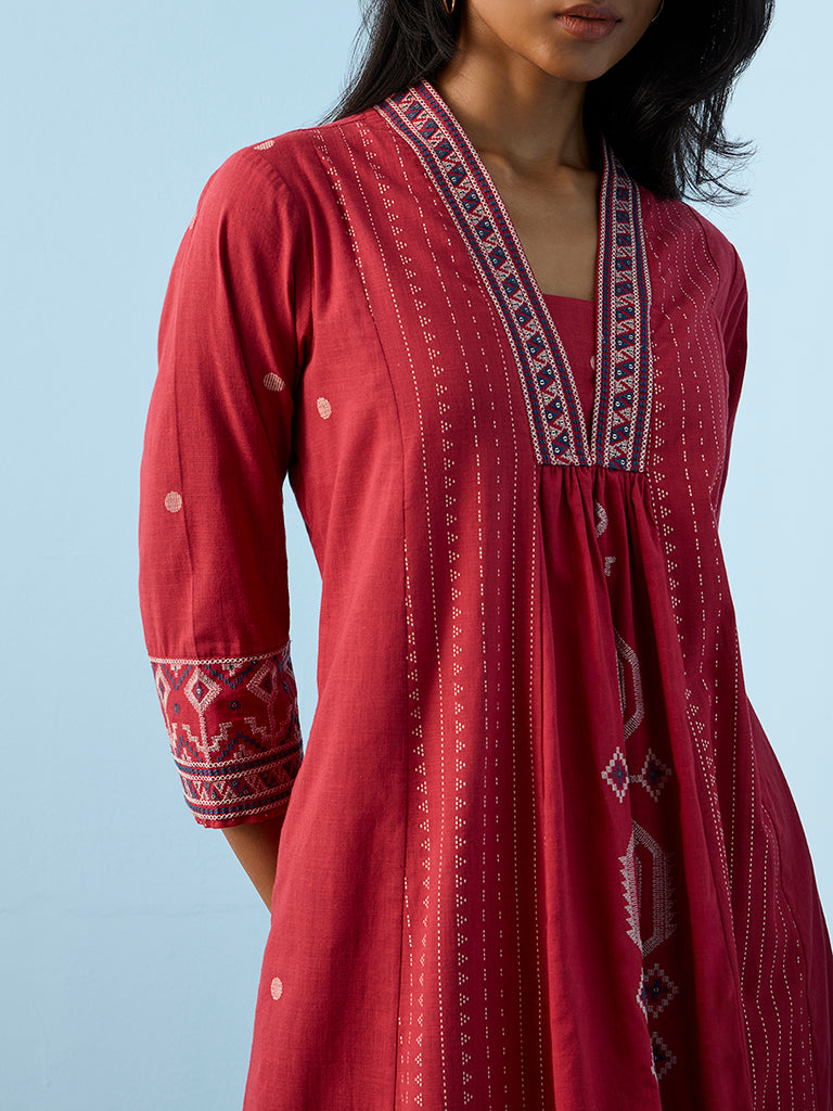 Utsa Red Aztec Embroidered Cotton A-Line Kurta