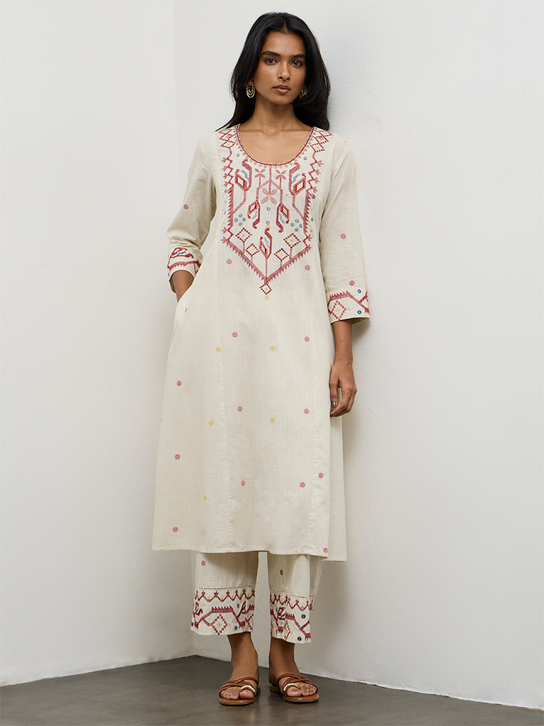 Utsa Off-White Embroidered Cotton A-Line Kurta