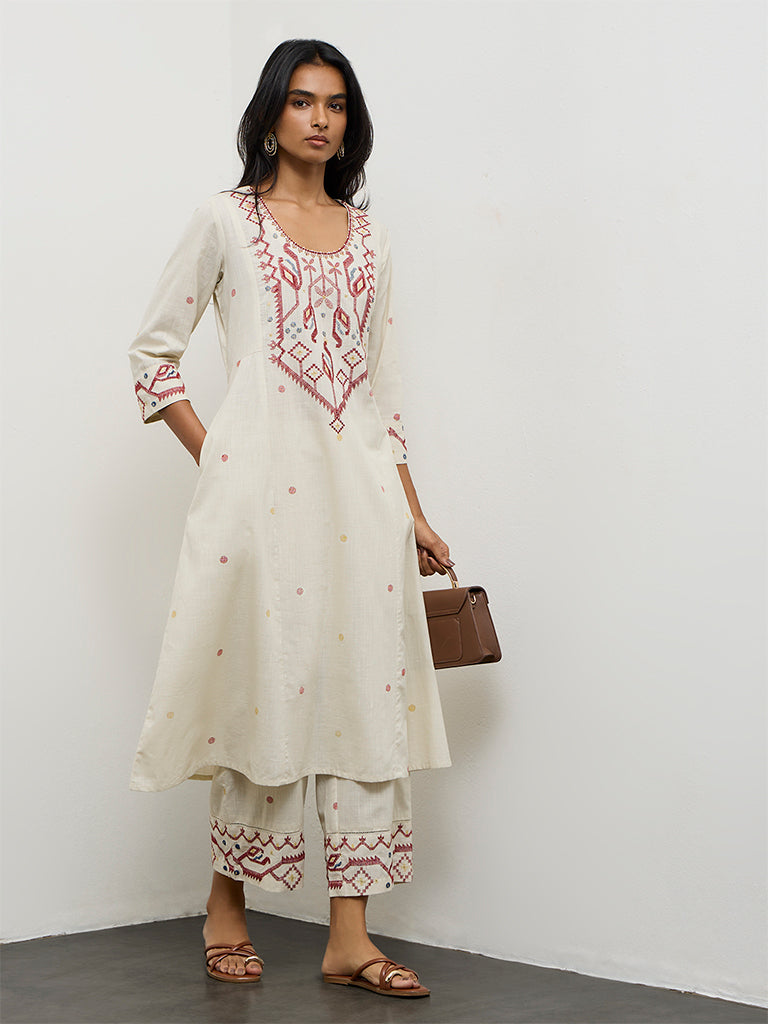 Utsa Off-White Embroidered Cotton A-Line Kurta