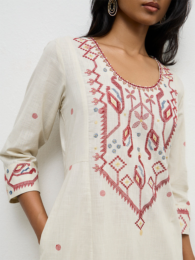 Utsa Off-White Embroidered Cotton A-Line Kurta