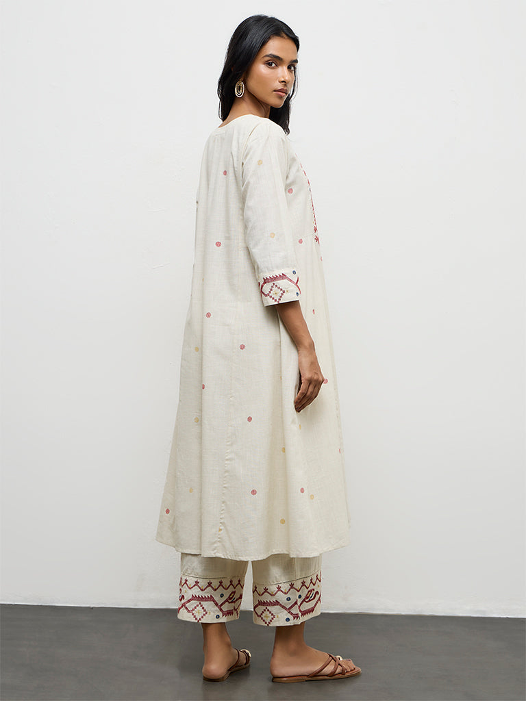 Utsa Off-White Embroidered Cotton A-Line Kurta
