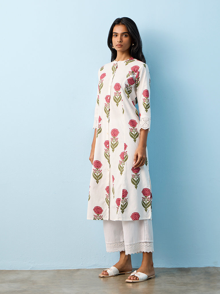 Utsa White Floral Printed Cotton-Blend A-Line Kurta