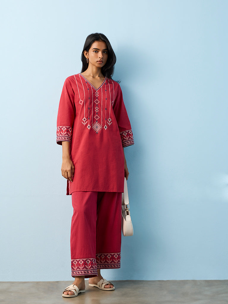Utsa Red Aztec Embroidered Cotton Straight Kurta