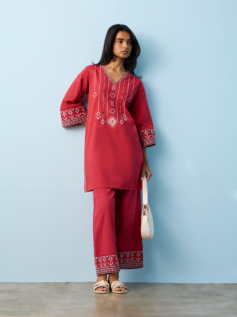 Utsa Red Aztec Embroidered Cotton Straight Kurta