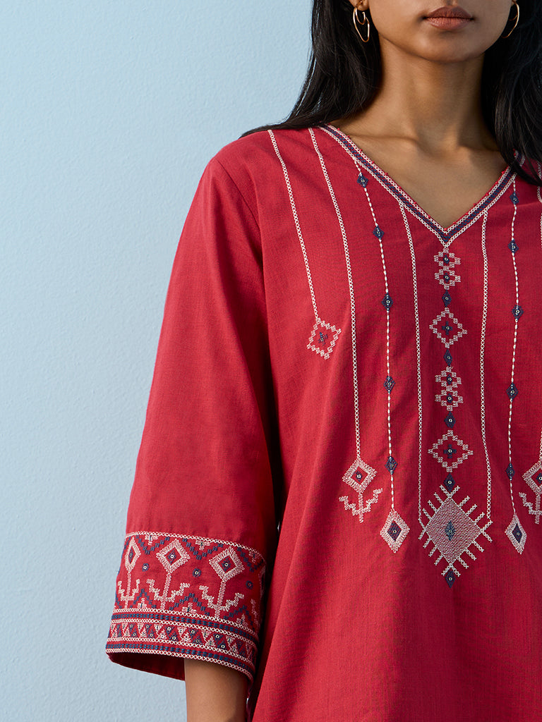 Utsa Red Aztec Embroidered Cotton Straight Kurta