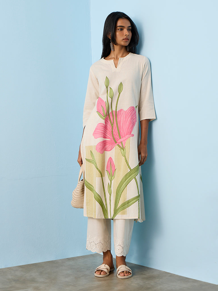 Utsa Light Beige Floral Design Cotton-Blend A-Line Kurta