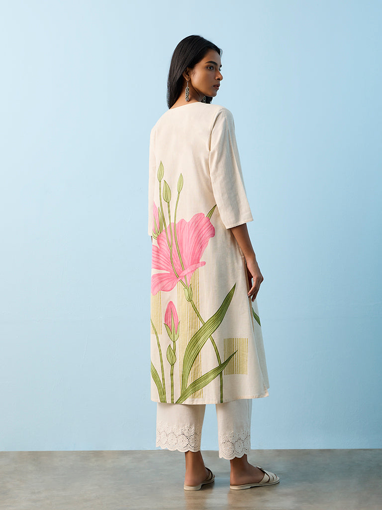 Utsa Light Beige Floral Design Cotton-Blend A-Line Kurta