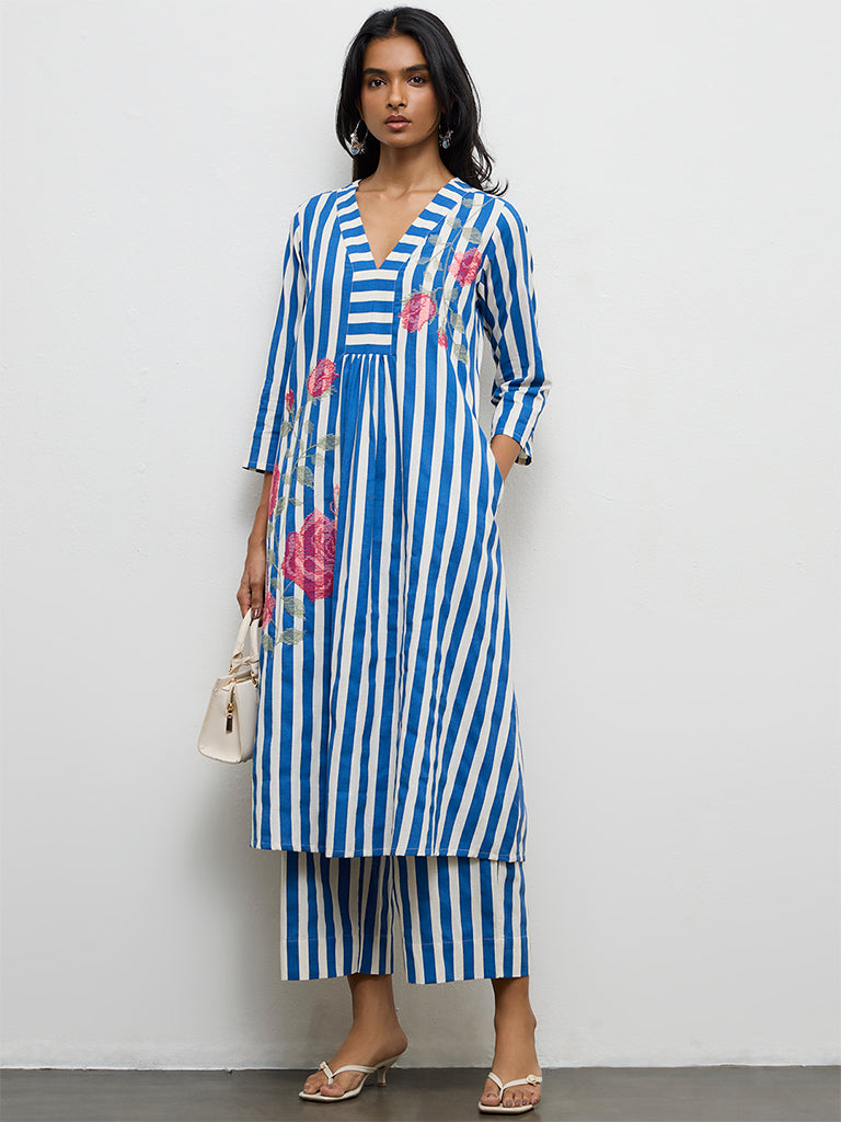 Utsa Blue Striped Cotton-Blend A-Line Kurta