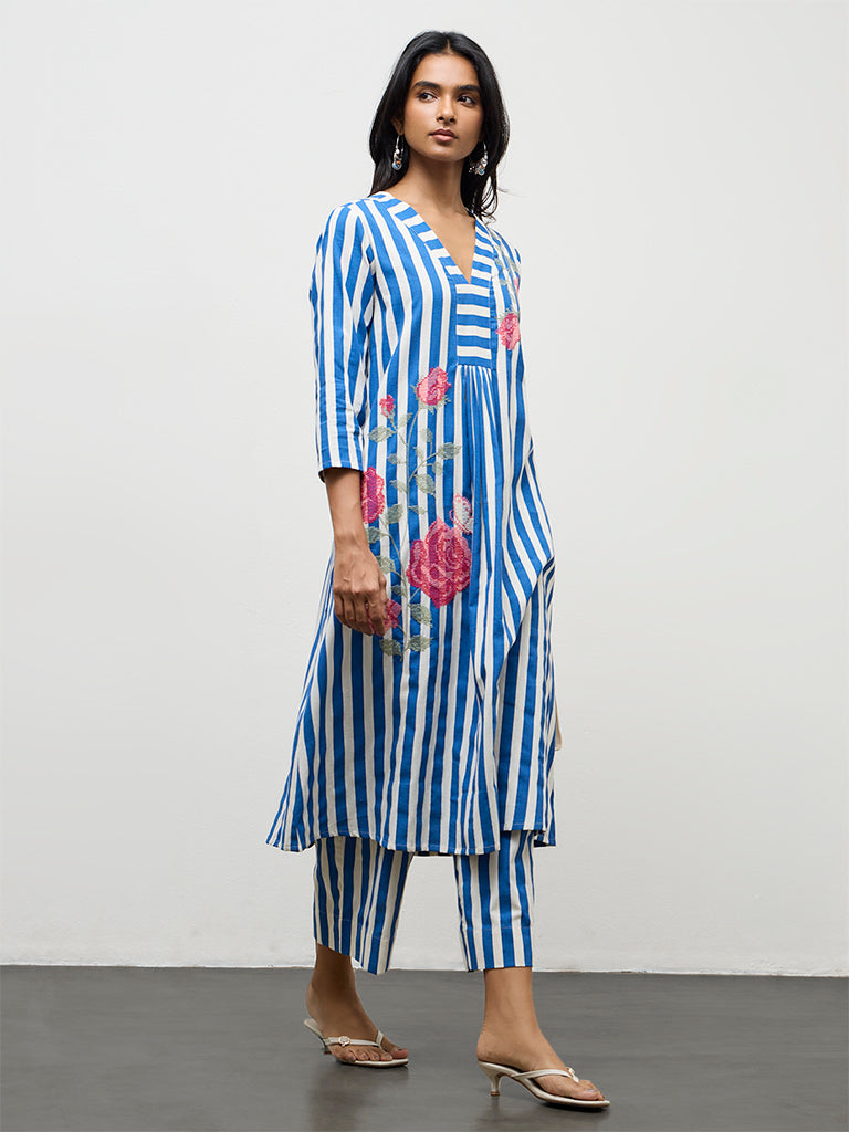 Utsa Blue Striped Cotton-Blend A-Line Kurta
