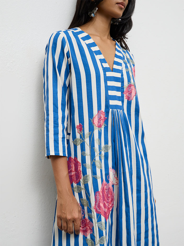 Utsa Blue Striped Cotton-Blend A-Line Kurta