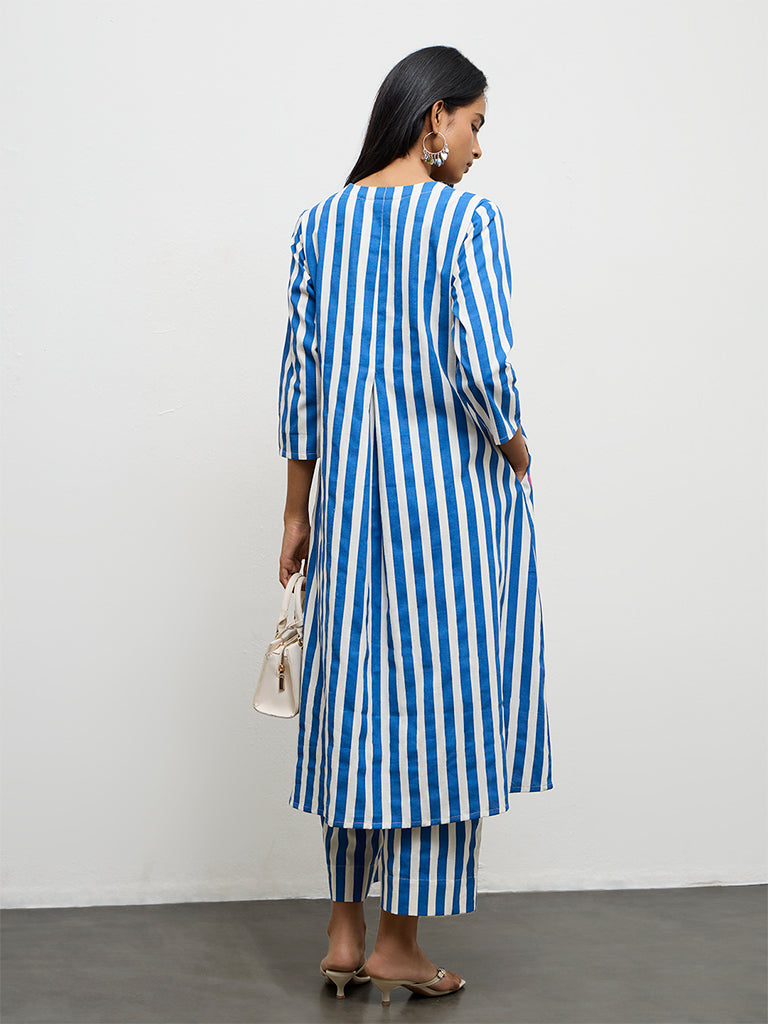 Utsa Blue Striped Cotton-Blend A-Line Kurta