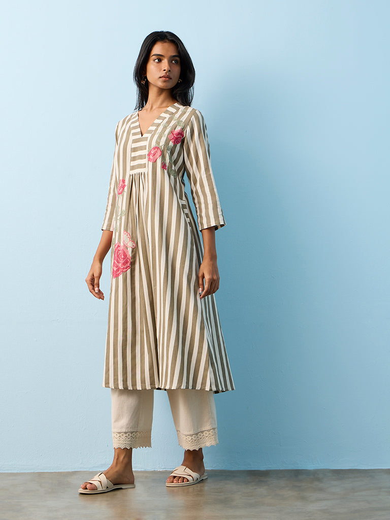 Utsa Taupe Striped Cotton-Blend A-Line Kurta