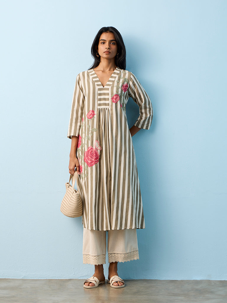 Utsa Taupe Striped Cotton-Blend A-Line Kurta