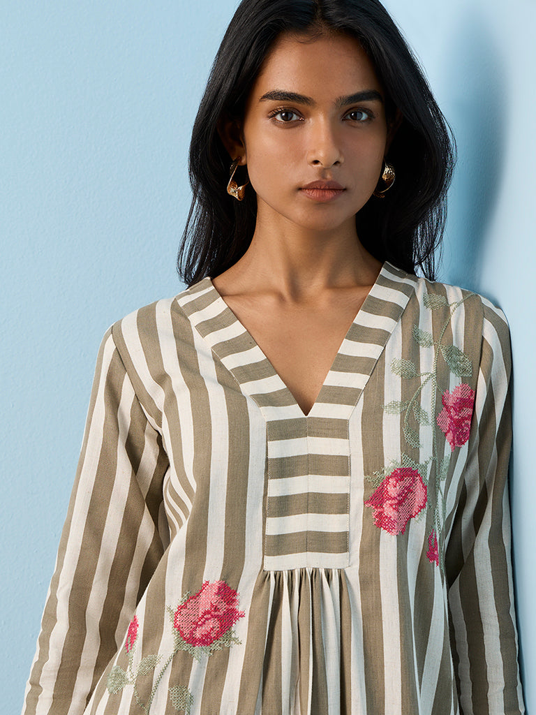 Utsa Taupe Striped Cotton-Blend A-Line Kurta