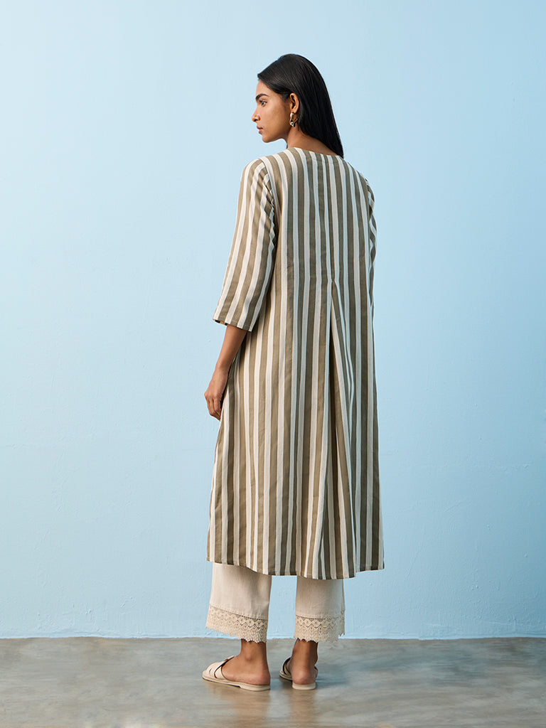 Utsa Taupe Striped Cotton-Blend A-Line Kurta