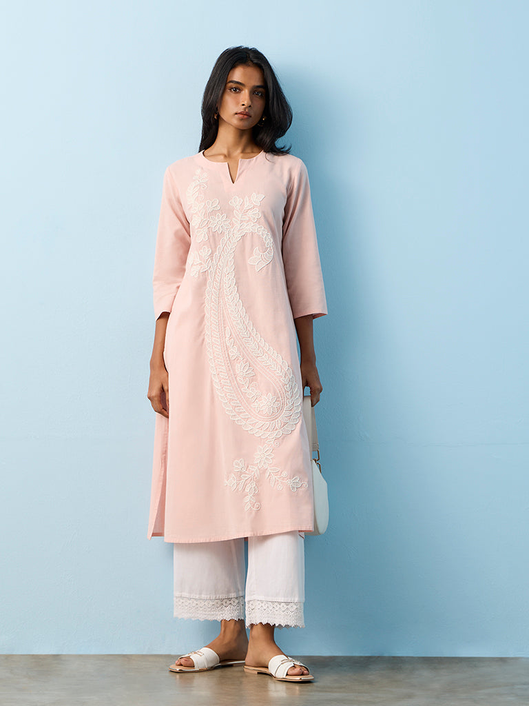 Utsa Pink Paisley Embroidered Cotton-Blend A-Line Kurta