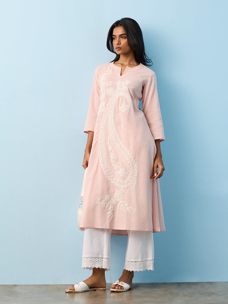 Utsa Pink Paisley Embroidered Cotton-Blend A-Line Kurta