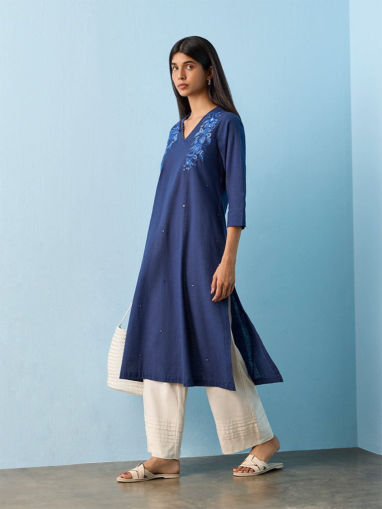 Utsa Blue Floral Embroidered Cotton-Blend A-Line Kurta