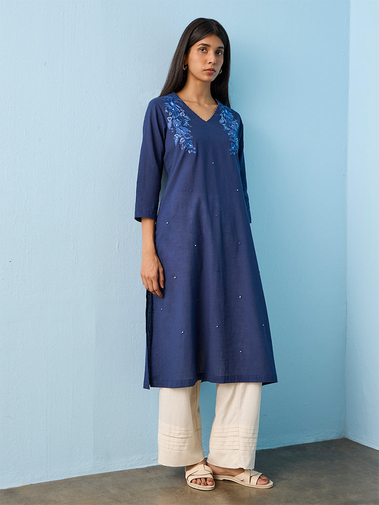Utsa Blue Floral Embroidered Cotton-Blend A-Line Kurta
