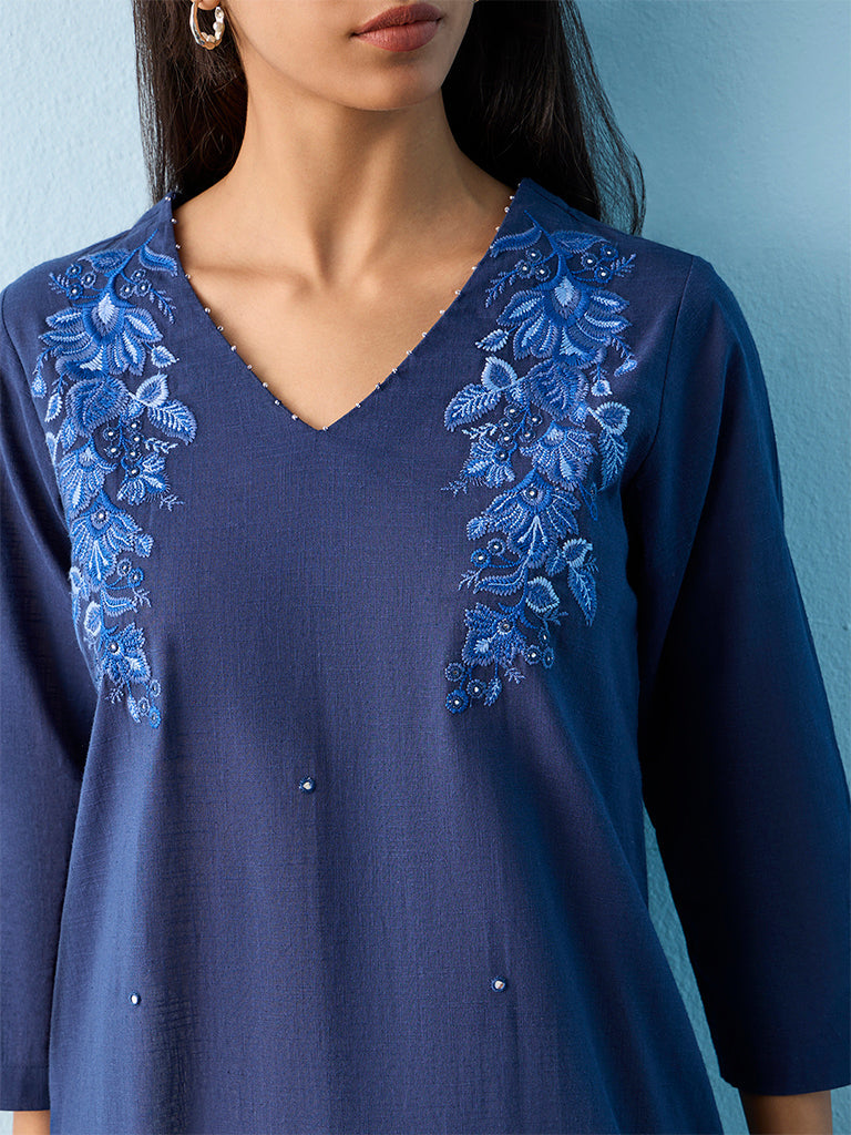 Utsa Blue Floral Embroidered Cotton-Blend A-Line Kurta