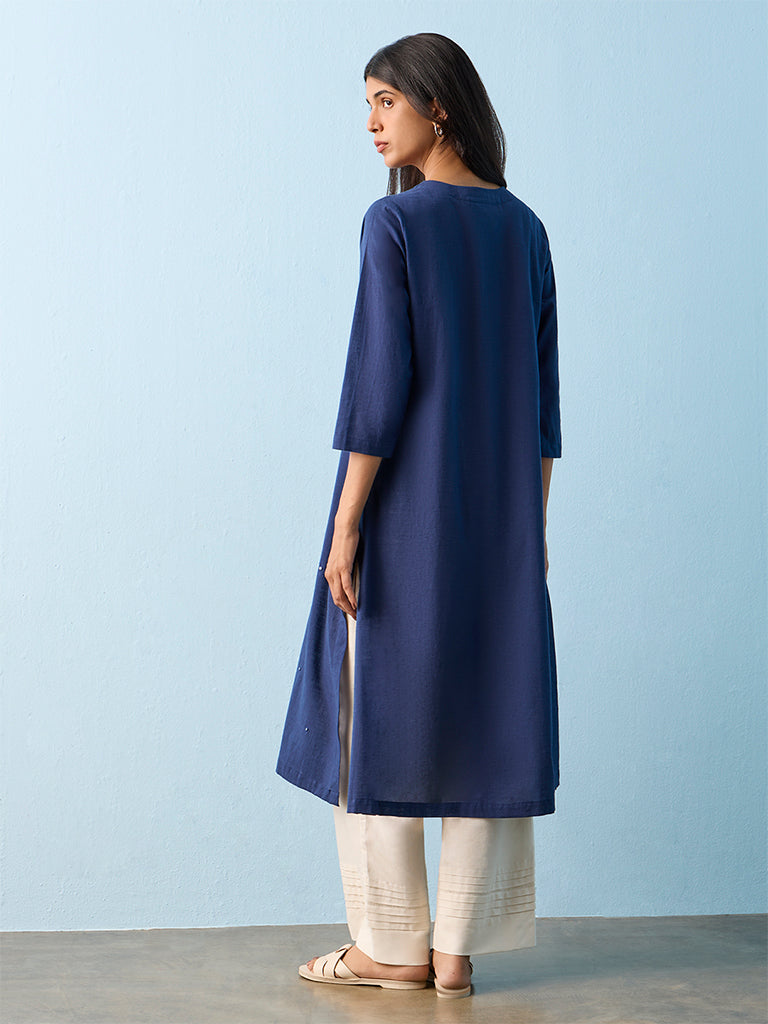 Utsa Blue Floral Embroidered Cotton-Blend A-Line Kurta