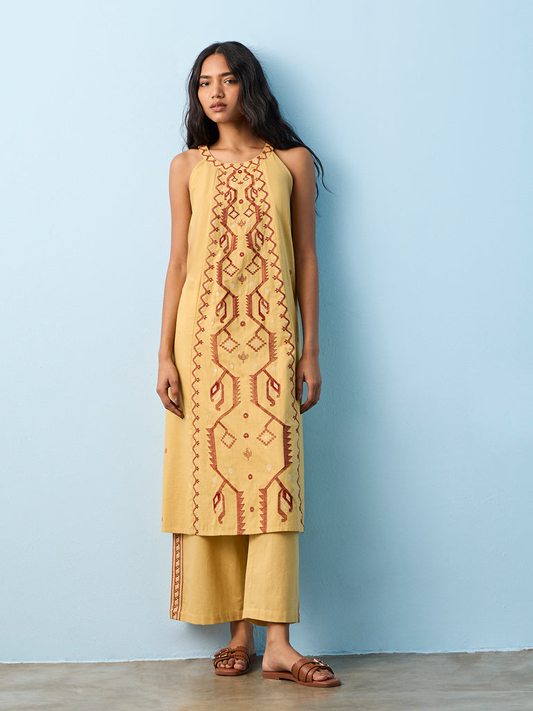 Utsa Mustard Embroidered Cotton A-Line Kurta