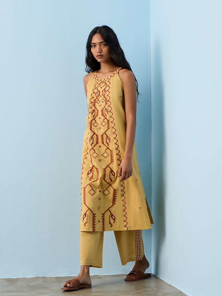 Utsa Mustard Embroidered Cotton A-Line Kurta