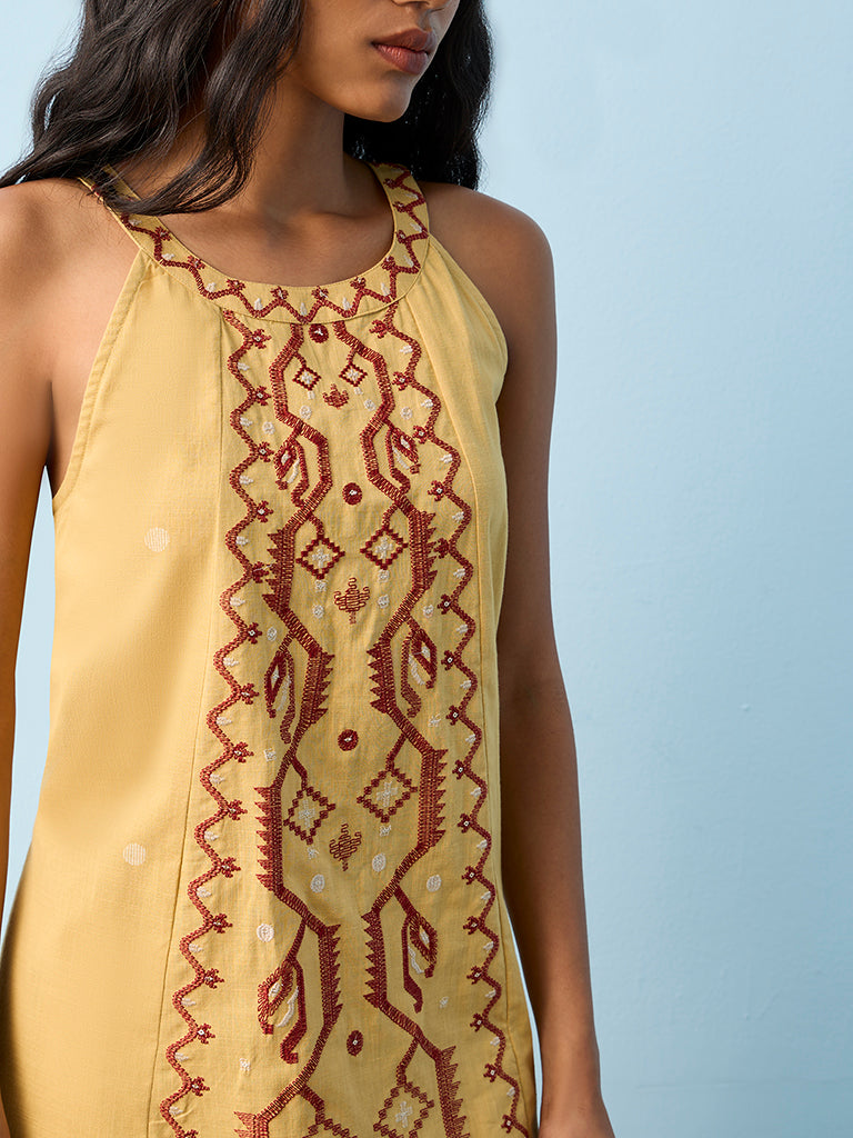 Utsa Mustard Embroidered Cotton A-Line Kurta