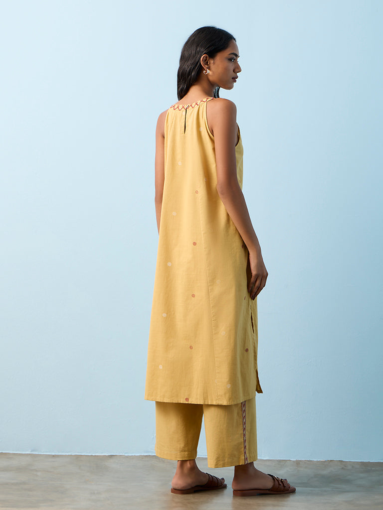 Utsa Mustard Embroidered Cotton A-Line Kurta