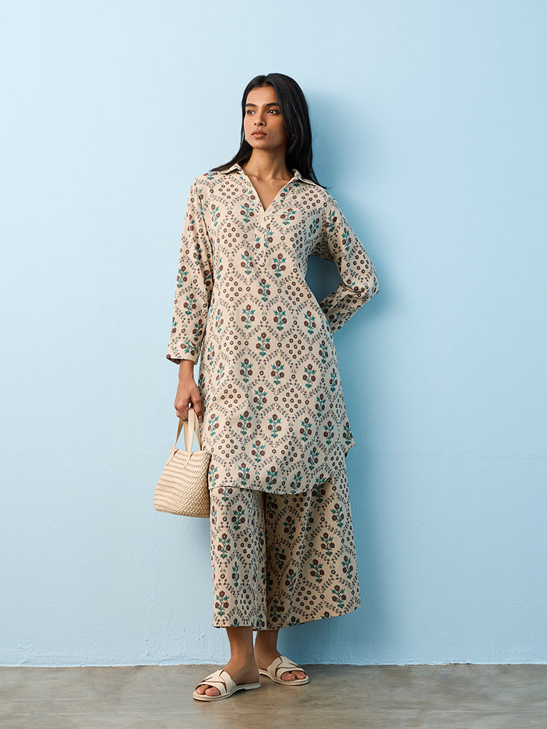 Utsa Taupe Botanical Design High-Low Cotton Kurta