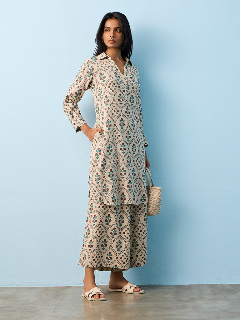 Utsa Taupe Botanical Design High-Low Cotton Kurta