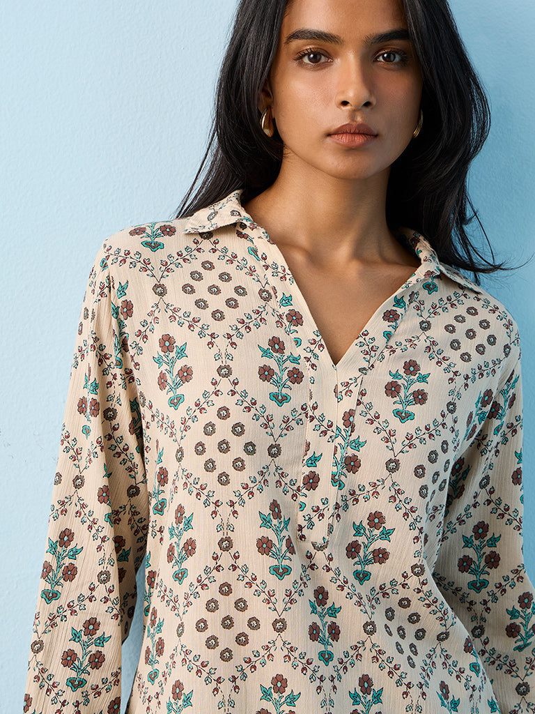 Utsa Taupe Botanical Design High-Low Cotton Kurta